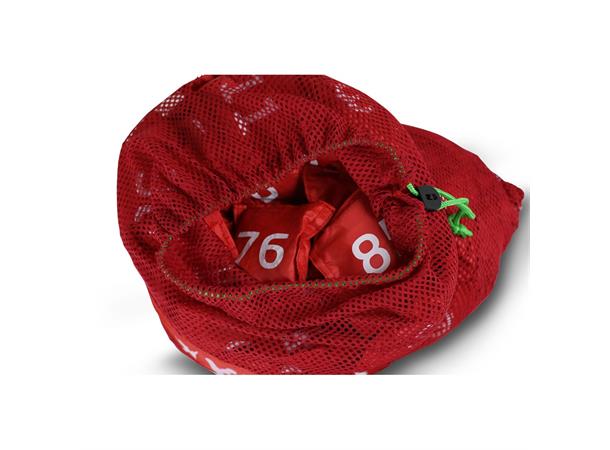 Erteposer tallsett 0-100 i nettingpose Røde erteposer med trykk på begge sider