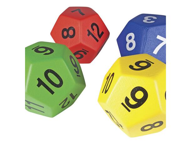 Terninger 12-sidet med tall 1-12 4 stk | 18 cm skumterninger m/trekk 