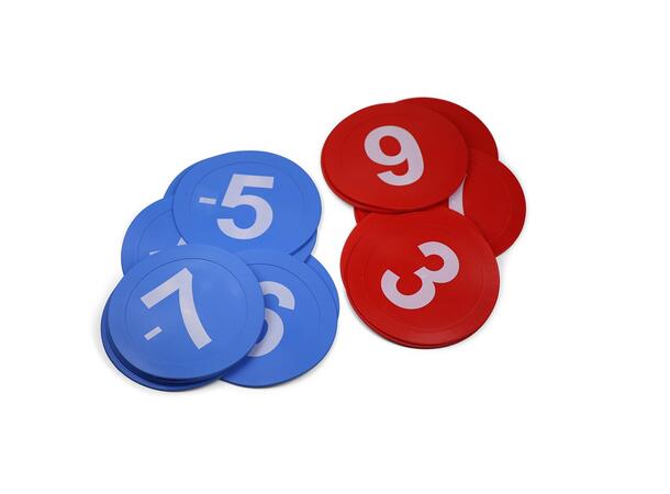 Gummiskiver med tall -10 til 10 Rød 0 til 10 | Blå -10 til 0 