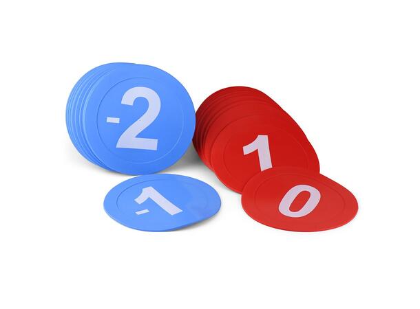 Gummiskiver med tall -10 til 10 Rød 0 til 10 | Blå -10 til 0 