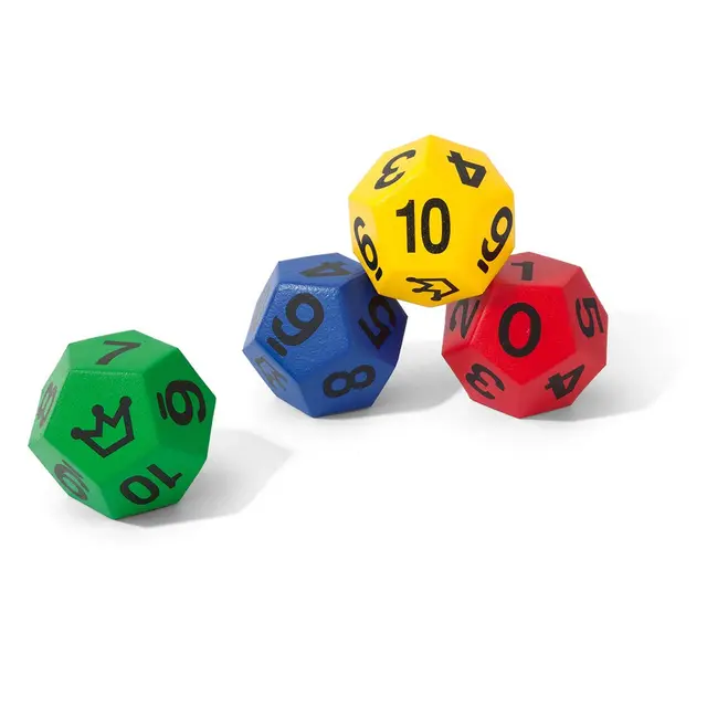 Terninger 12-sidet med tall og joker 4 stk | 20 cm skumterninger m/trekk 