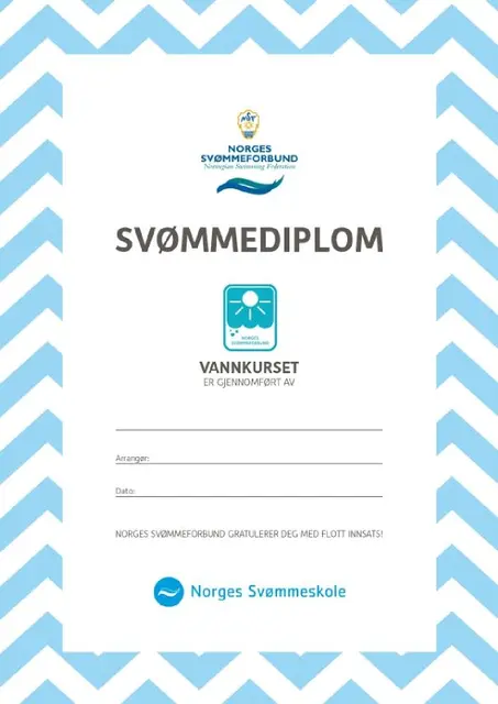 Vannmerket pk á 20 med merker og diplome Kun til klubber i Norges Svømmeskole 